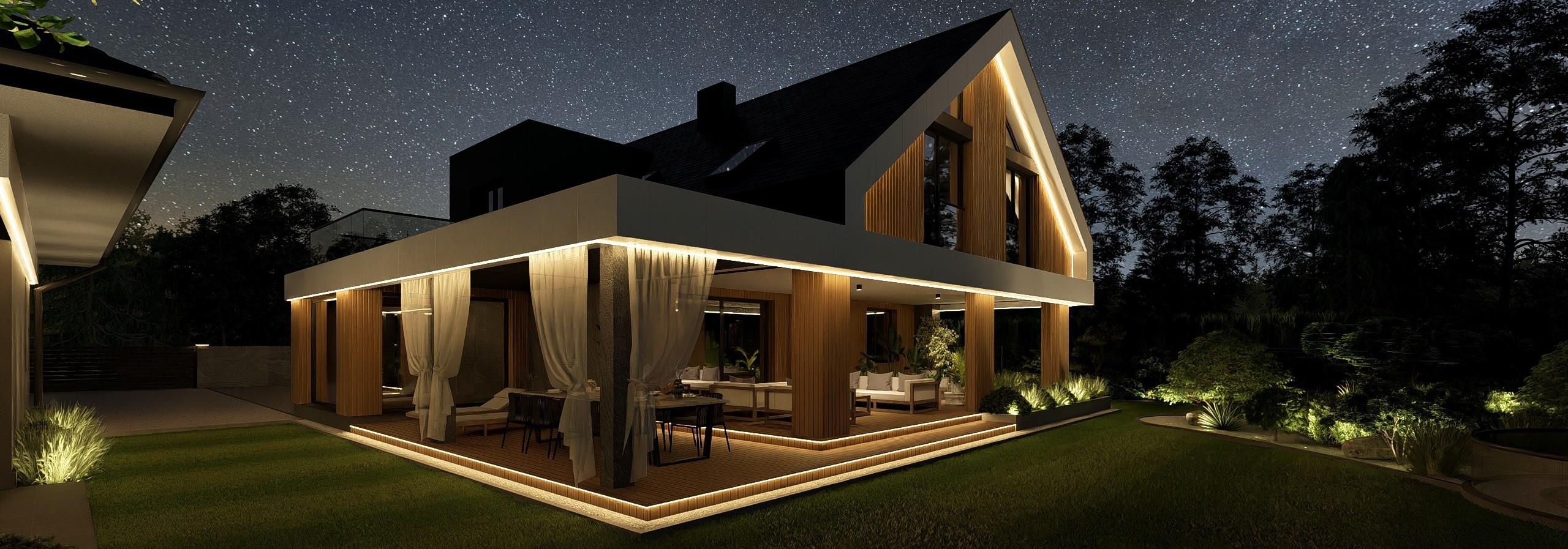 projekt elewacji domu z oświetleniem LED po zmroku