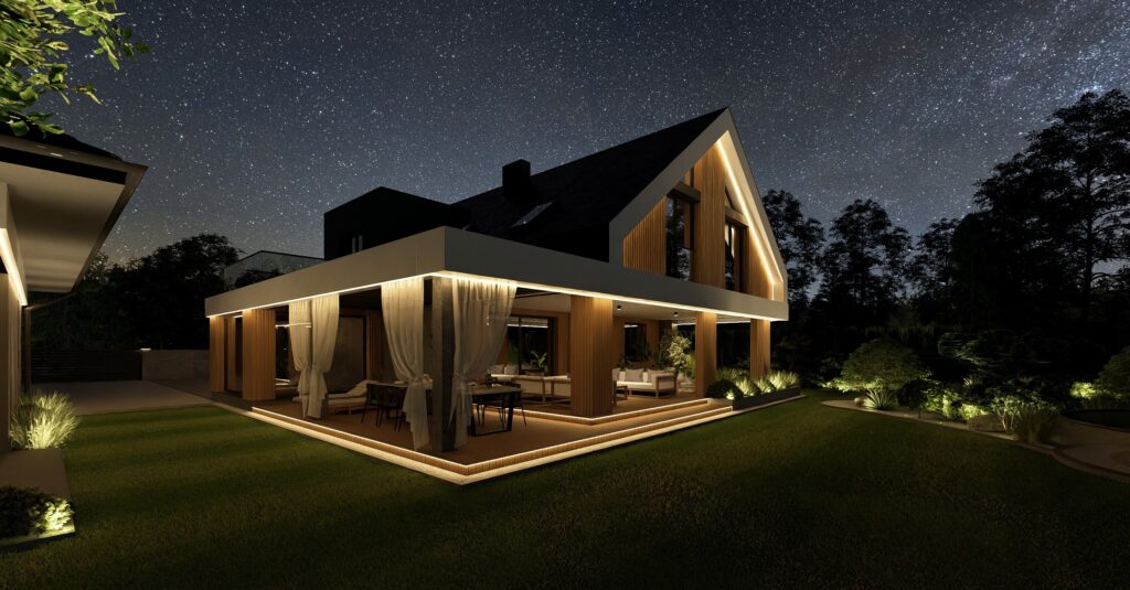 projekt elewacji domu z oświetleniem LED po zmroku