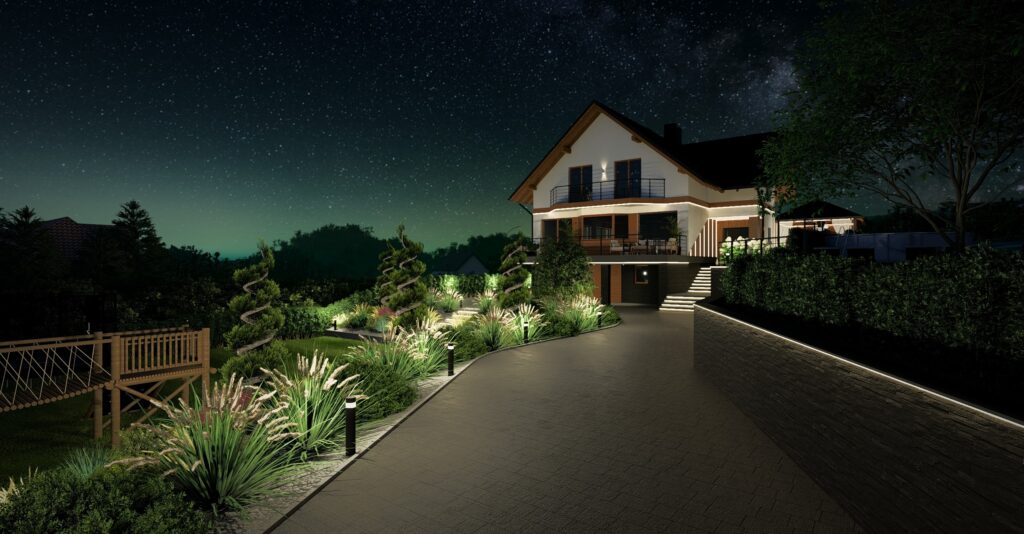 projekt elewacji domu z oświetleniem LED nocą