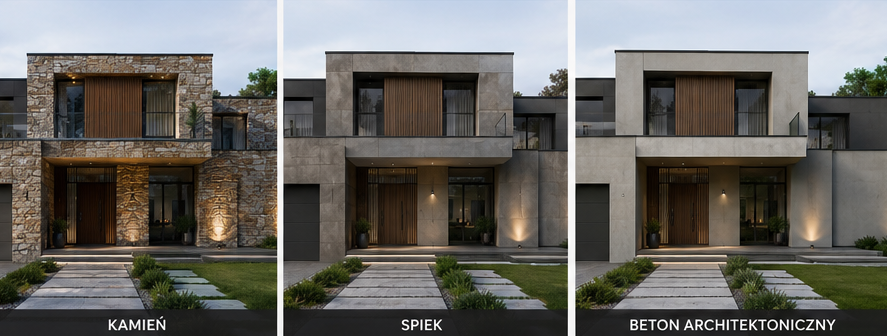 wizualizacja elewacji domu z kamieniem spiekiem i betonem architektonicznym