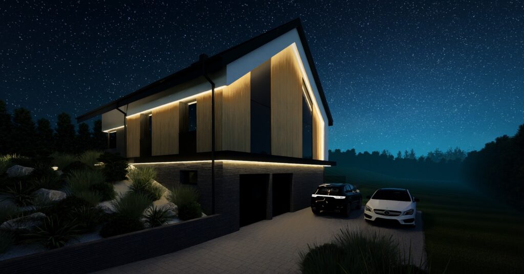 projekt elewacji domu ze ścianą bez okien i oświetleniem LED