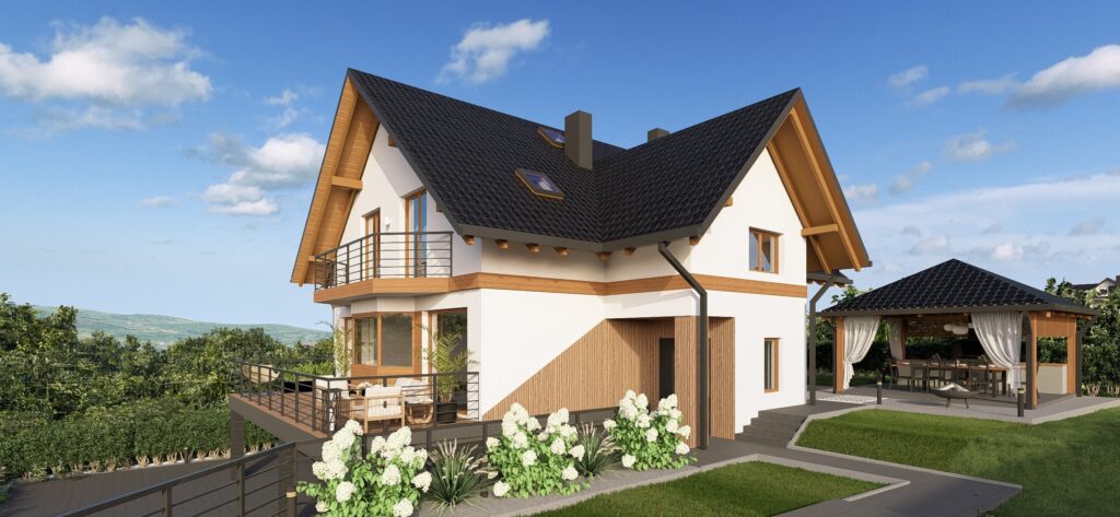 aluminiowe lamele elewacyjne przy nowoczesnej elewacji domu