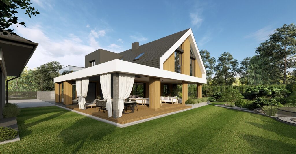 projekt elewacji domu z lamelami