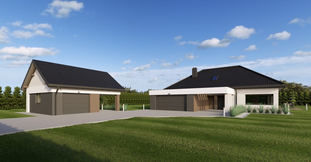 projekt elewacji domu z dodatkowym garażem i jasną kolorystyką
