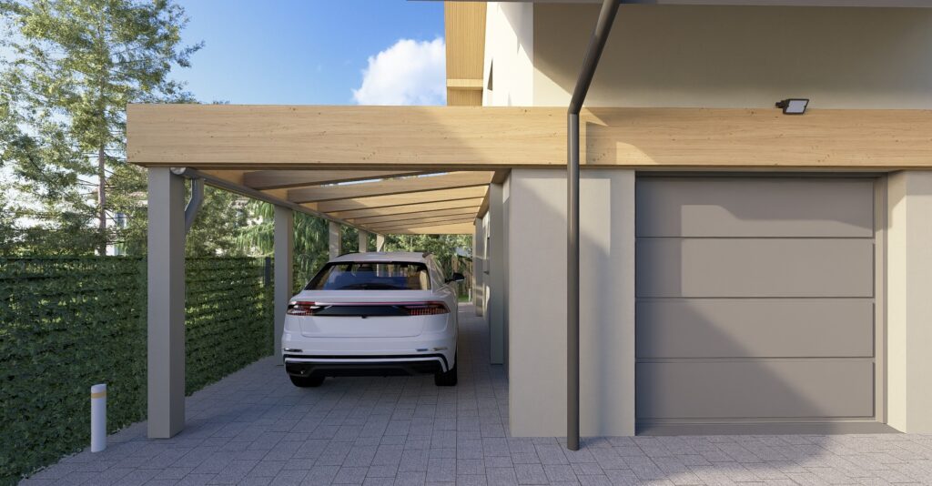 materiały carportu dopasowane do kolorystyki elewacji domu
