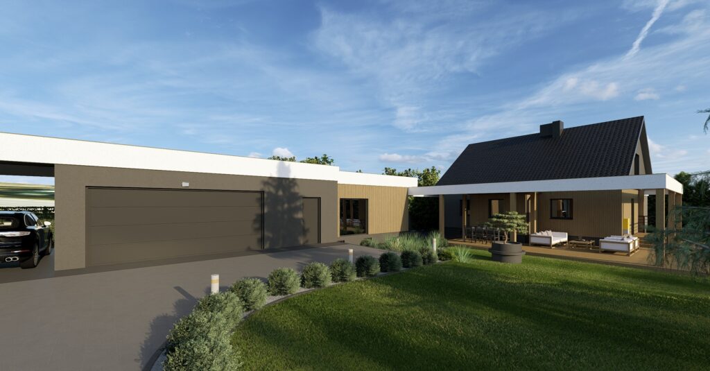 projekt elewacji domu z podjazdem i ogrodem frontowym