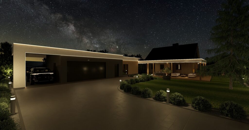 oświetlenie elewacji LED i carportu przy domu jednorodzinnym