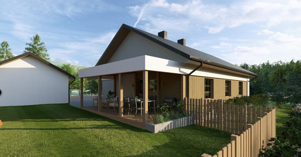 pergola przy tarasie dopasowana do nowoczesnej elewacji domu